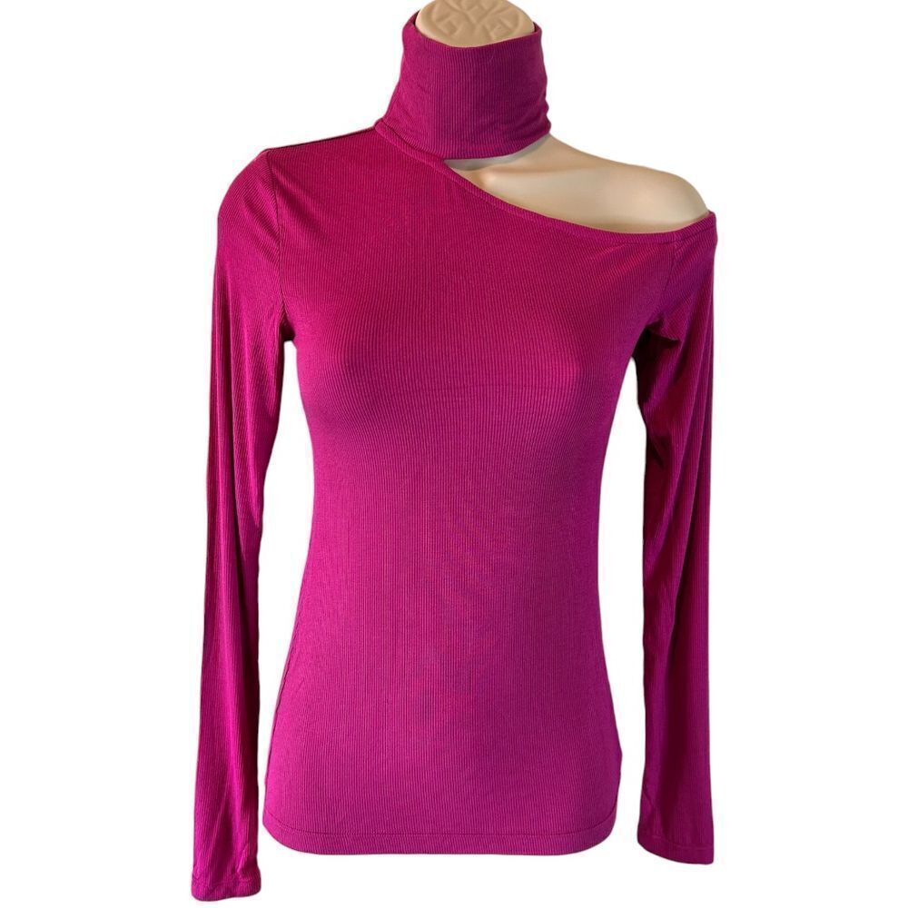 BCBGMAXAZRIA Cherry‎ Ribbed Turtleneck Cut-Out Shoulder Top XXXS